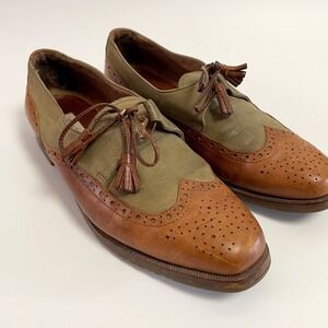 Beltrami Italian Leather Wingtip Oxfords Two Tone Green Brown Tassel Dress Shoes